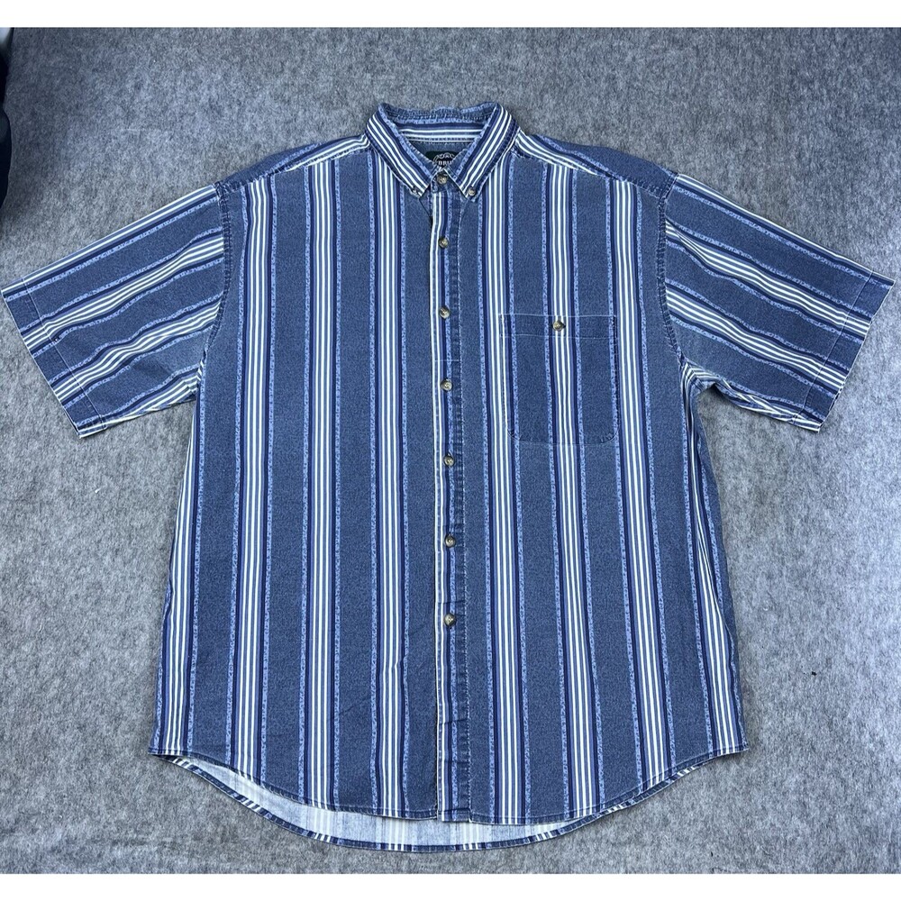 Vtg Brut Men's Button Down Shirt Short Sleeve Blue Stripe Cotton 90's Size L